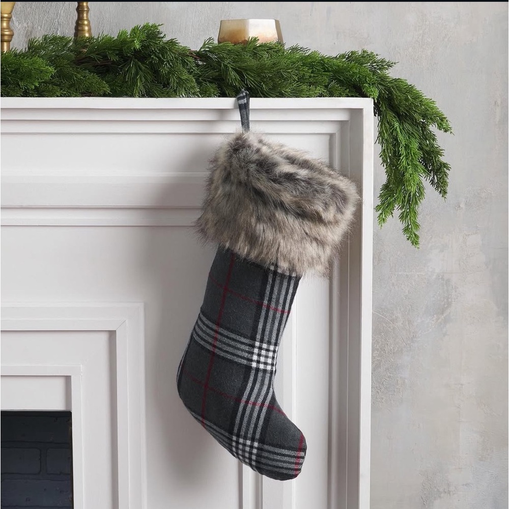 Bundle of 2 NWT Arhaus Faux Fur Grey Tartan Stockings